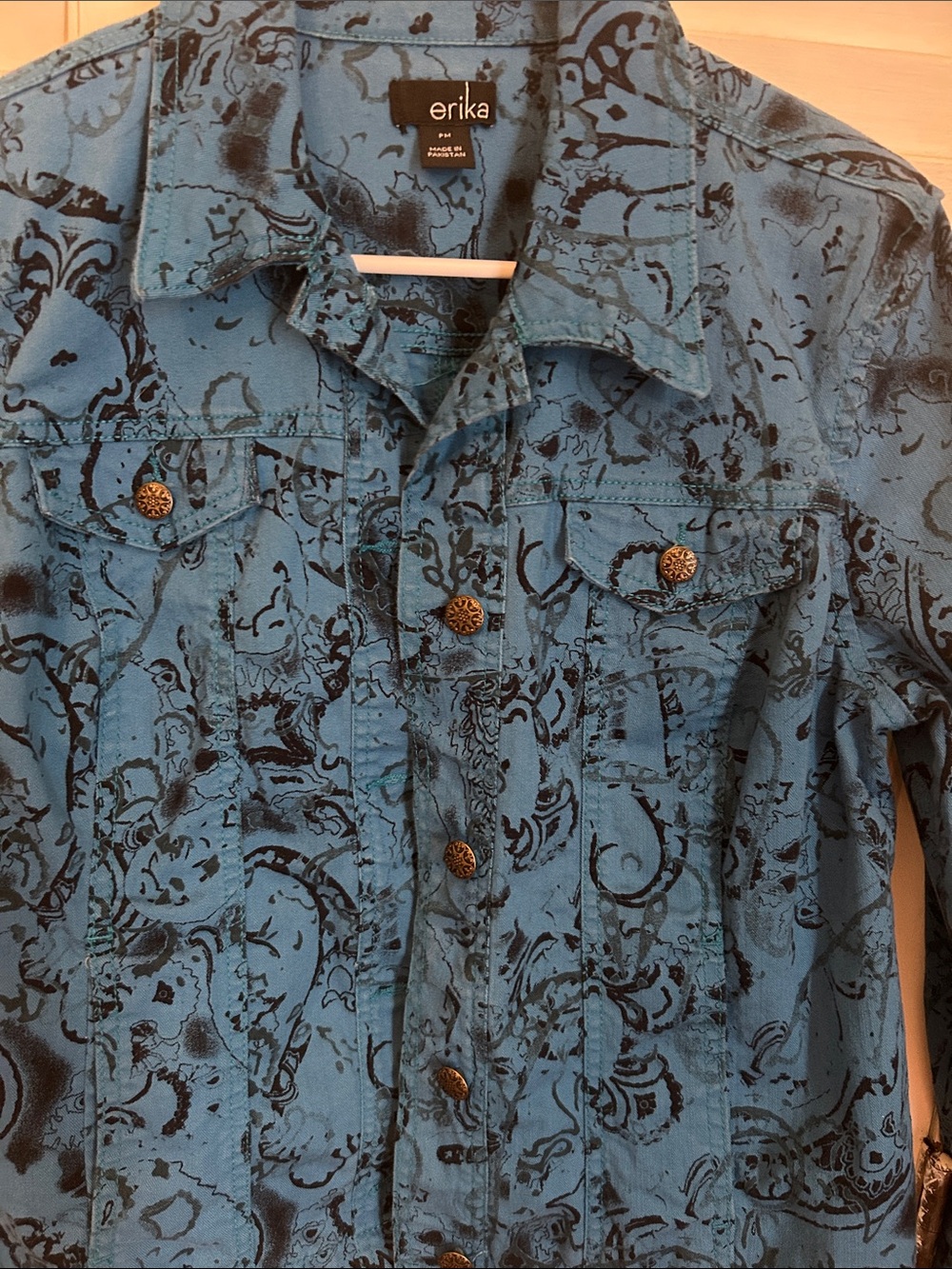 Erika Blue Printed Button-Front Shirt Jacket with Metal Buttons
